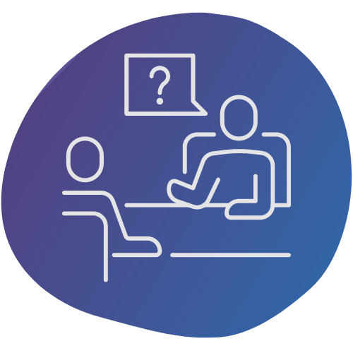 Illustration of two people sitting at a desk talking 