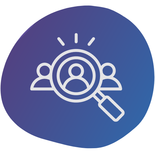 Illustration of three people and one being selected by a magnifying glass