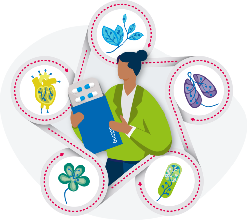 Illustration of a woman holding a pack of pills surrounded by an illustrated heart, leafs, lung, pill and flower